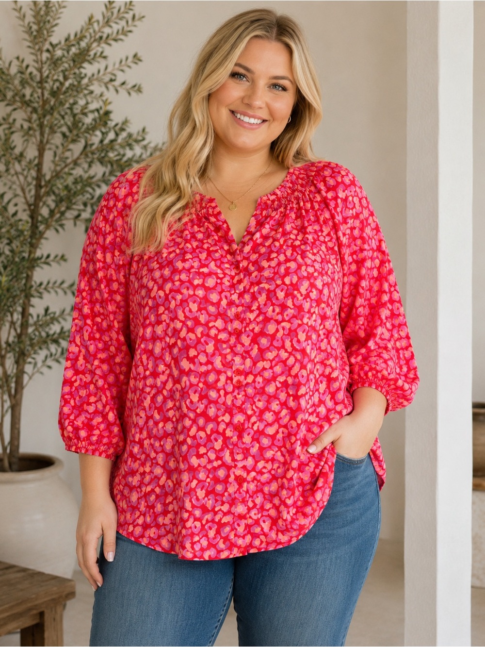 Tucker Silk Cotton Blouse XL Pink Red Abstract Print Peasant Boho Designer Top